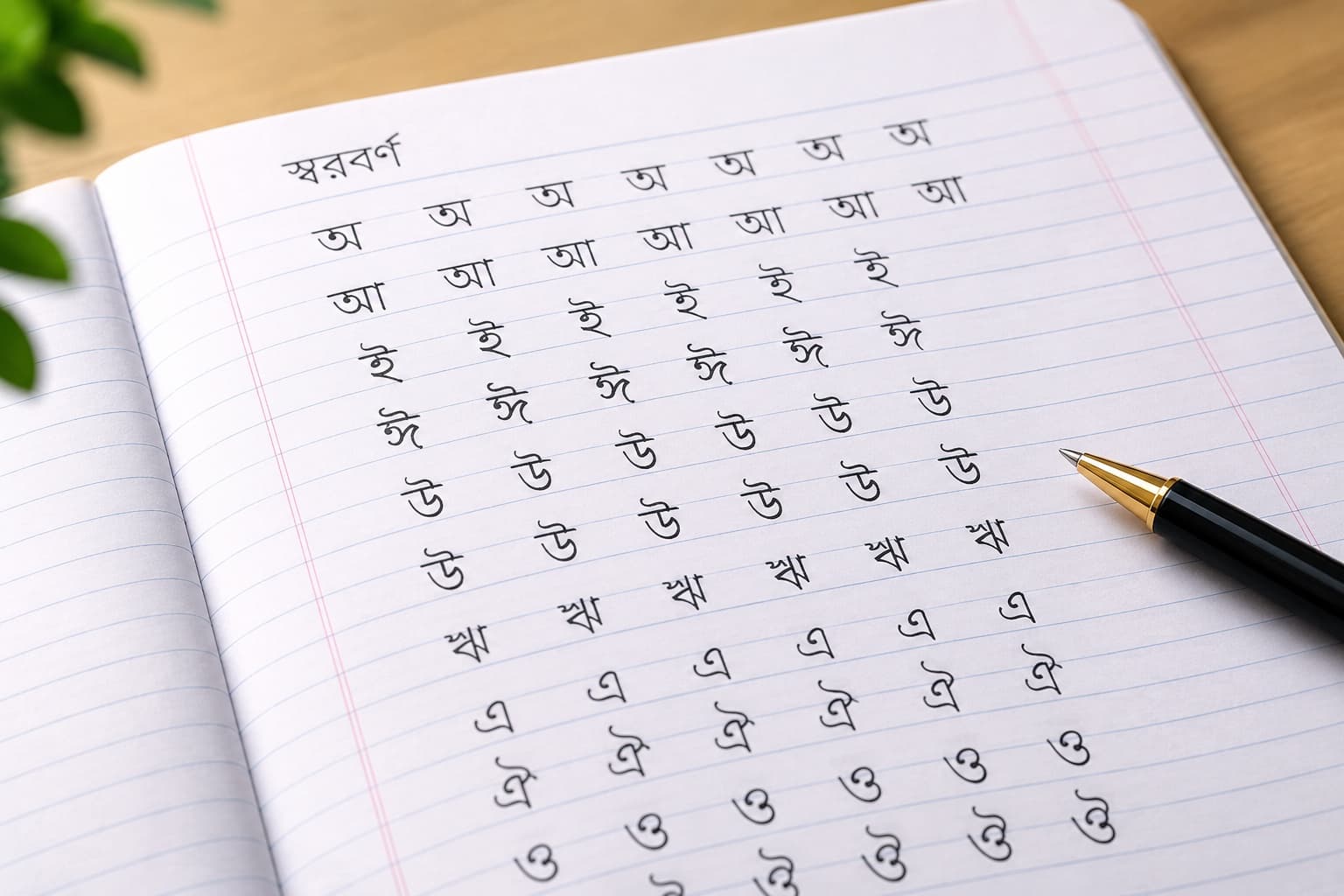 খাতার পাতায় কলম দিয়ে লেখা বাংলা স্বরবর্ণের অনুশীলন — সমান আকার ও স্পেসিং